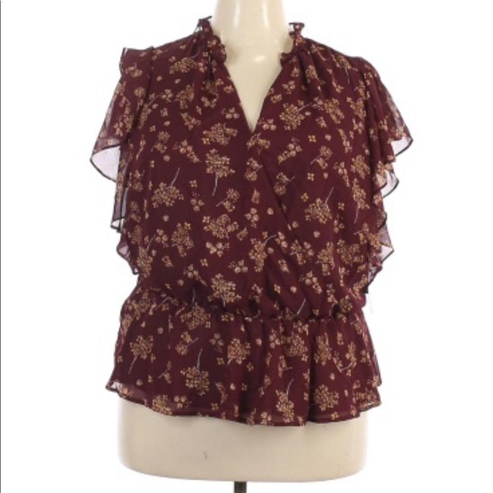 1. State Floral Burgundy Short Sleeve Blouse - Picture 3 of 9